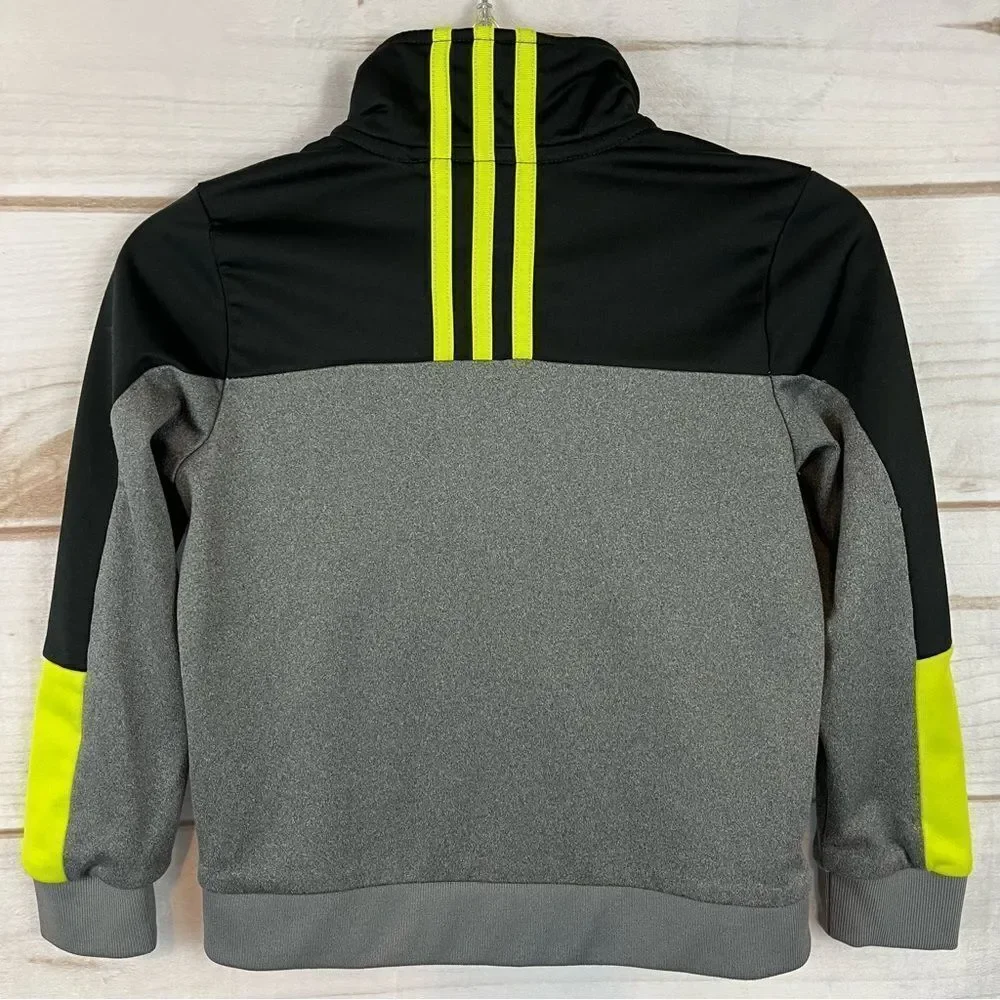 Boys Adidas Fleece Zip Up Gray, Black & Neon Green Track Jacket Small Pockets